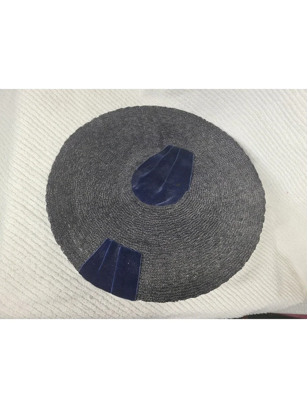 Vintage 1940s Saucer Hat Black Woven Straw Blue Silk Velvet Cloche Tilt Unique